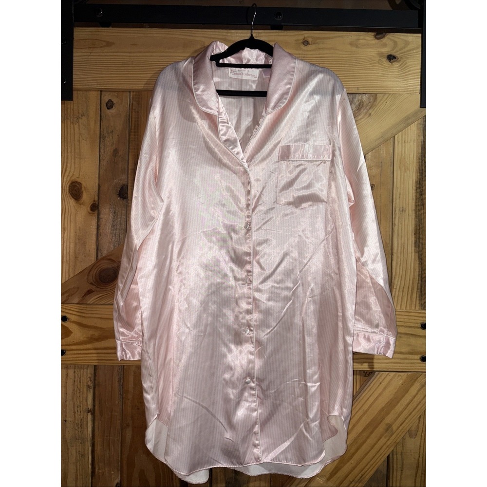 Vintage Chelsea's Collection Nightie Pink Striped Satin Button-Up Nightshirt Med